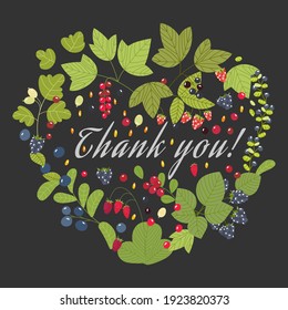 Heart-shaped frame made of ripe juicy berries. Bright illustration for postcards, T-shirts, invitations, bags. Vector illustration.