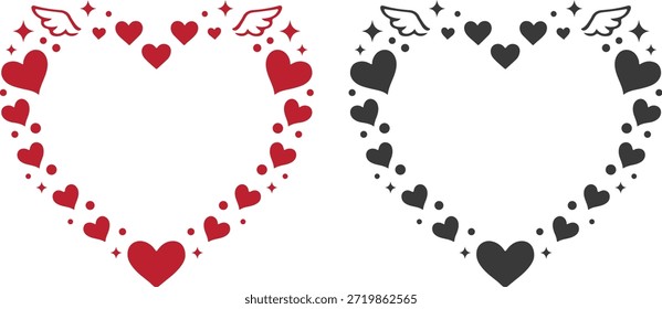 Marco en forma de corazón hecho de corazones Pequeños y destellos decorativos, disponible en versiones rojas y negras. Diseño de Vector plano limpio con espacio de copia central vacío, perfecto para tarjetas de San Valentín, citas de amor, invitaciones de boda, carteles románticos, pegatinas y diseños imprimibles.
