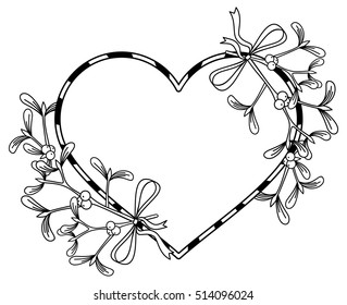 Heart-shaped frame and mistletoe. Copy space. Outline vector image.