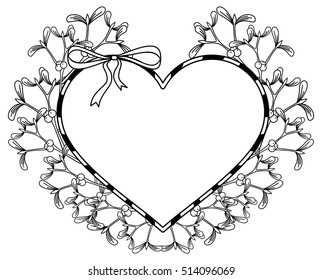 Heart-shaped frame and mistletoe. Copy space. Outline vector image.