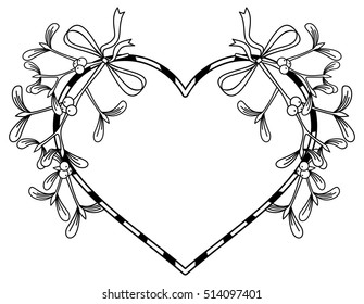 Heart-shaped frame and mistletoe. Copy space. Outline vector image.