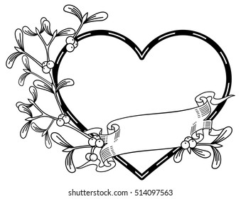 Heart-shaped frame and mistletoe. Copy space. Outline vector image.