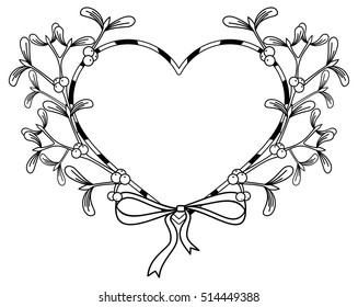Heart-shaped frame and mistletoe. Copy space. Outline vector image.