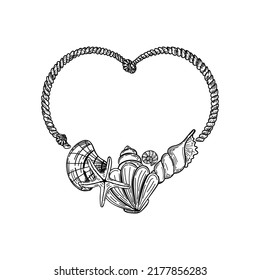 Heart-shaped frame in a nautical style, hand-drawn doodle elements in sketch style. Sea creatures. Rope with knots. Sea-Ocean. Template for photos, social media and posters.