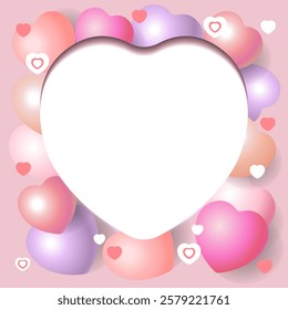 Heart-shaped frame on a background of delicate 3D hearts. A place for your text. Postcard, congratulations for Valentine's Day, Mother's Day, Wedding. Paper cutting style.