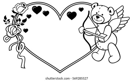 Heart-shaped frame with outline roses and teddy bear with bow and wings, looks like a Cupid. Valentine Day background. Vector clip art.