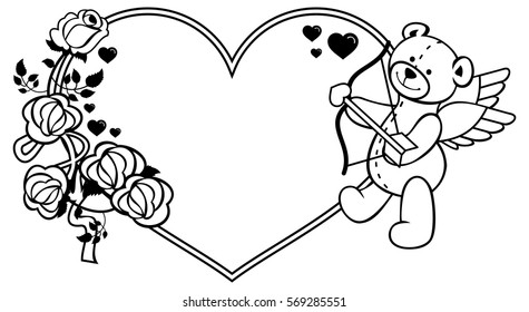 Heart-shaped frame with outline roses and teddy bear with bow and wings, looks like a Cupid. Valentine Day background. Vector clip art.