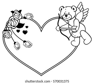 Heart-shaped frame with outline roses and teddy bear with bow and wings, looks like a Cupid. Valentine Day background. Vector clip art.