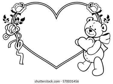 Heart-shaped frame with outline roses, teddy bear holding heart. Valentine Day background. Vector clip art.