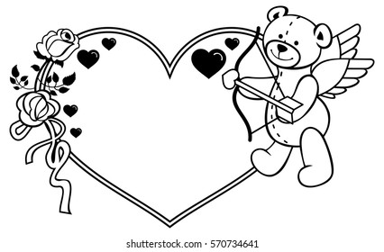 Heart-shaped frame with outline roses and teddy bear with bow and wings, looks like a Cupid. Valentine Day background. Vector clip art.