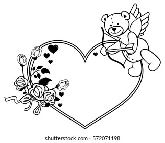 Heart-shaped frame with outline roses and teddy bear with bow and wings, looks like a Cupid. Valentine Day background. Vector clip art.