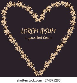 Heart-shaped frame with place for text. Template for Valentines Day card. Gold on dark background.