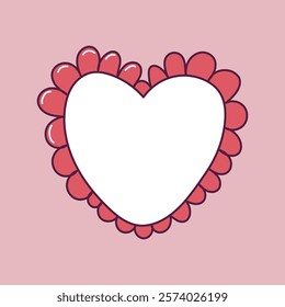 Heart-shaped frame with red petal border on pastel pink background. Perfect for Valentine designs