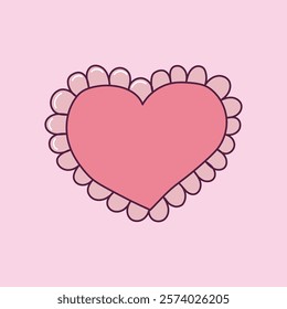 Heart-shaped frame with red petal border on pastel pink background. Valentine day