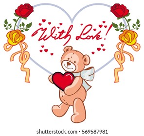 Heart-shaped frame with red roses, teddy bear holding heart and written phrase "With love!". Valentine Day background. Vector clip art.