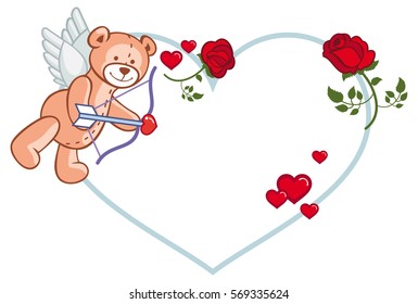 Heart-shaped frame with roses and teddy bear with bow and wings, looks like a Cupid. Vector clip art.