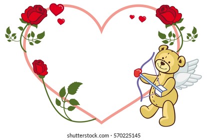 Heart-shaped frame with roses and teddy bear with bow and wings, looks like a Cupid. Vector clip art.