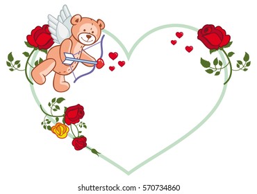 Heart-shaped frame with roses and teddy bear with bow and wings, looks like a Cupid. Vector clip art.
