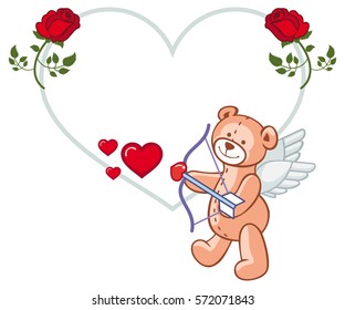 Heart-shaped frame with roses and teddy bear with bow and wings, looks like a Cupid. Vector clip art.