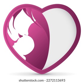 Heart-shaped frame with tender scene of mother kissing her baby on the forehead.