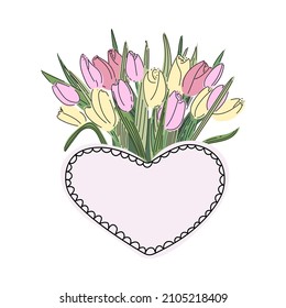 Marco en forma de corazón con tulipanes para el diseño decorativo. Plantilla de vectores.