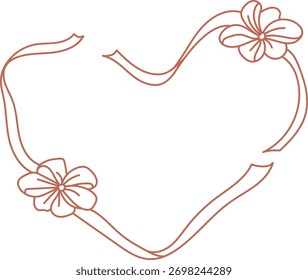 Un marco en forma de corazón con dos flores y cintas que fluyen en un estilo de línea limpia. El diseño presenta flores y cintas que forman una romántica forma de corazón. Ilustración vectorial de dibujos animados.