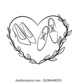 heart-shaped frame wedding illustration featuring a pair of women's high heels and men's dress shoes, framed with leafy branches. Symbolic black-and-white design perfect for romantic or bridal themes