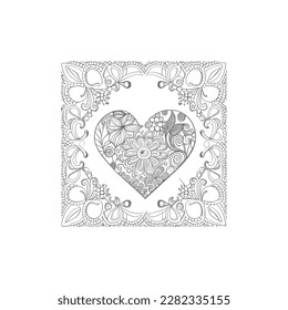The heart-shaped frames ornate and floral elements are beautifully displayed in a Coloring Book.
