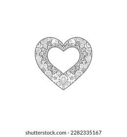 The heart-shaped frames ornate and floral elements are beautifully displayed in a Coloring Book.