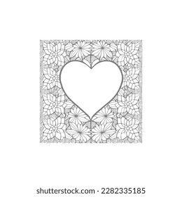 The heart-shaped frames ornate and floral elements are beautifully displayed in a Coloring Book.