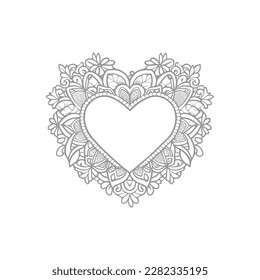 The heart-shaped frames ornate and floral elements are beautifully displayed in a Coloring Book.