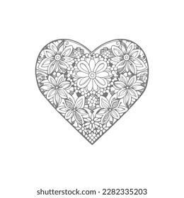 The heart-shaped frames ornate and floral elements are beautifully displayed in a Coloring Book.