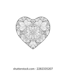 The heart-shaped frames ornate and floral elements are beautifully displayed in a Coloring Book.