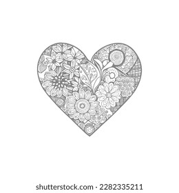 The heart-shaped frames ornate and floral elements are beautifully displayed in a Coloring Book.
