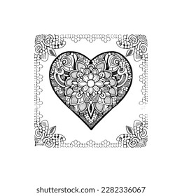 The heart-shaped frames ornate and floral elements are beautifully displayed in a Coloring Book.