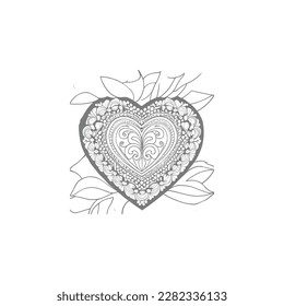 The heart-shaped frames ornate and floral elements are beautifully displayed in a Coloring Book.