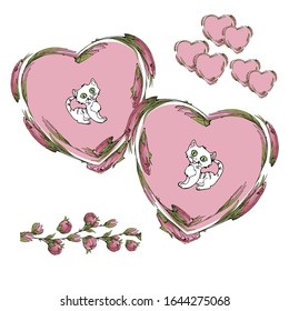 marcos en forma de corazón de flores y capuchas rosas, dos gatos pequeños, pincel para la decoración el día de San Valentín, para las vacaciones de primavera.