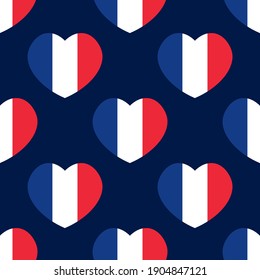 Heart-shaped french flags vector seamless pattern background.
