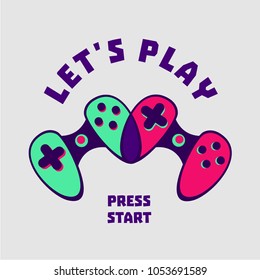 Heart-shaped gamepad couple. Gamer sign. Love video games. Flat style.