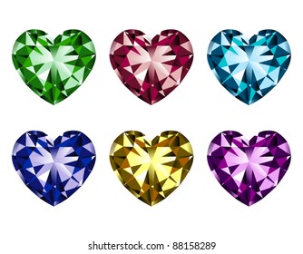 Heart-shaped gems set isolated on a white background