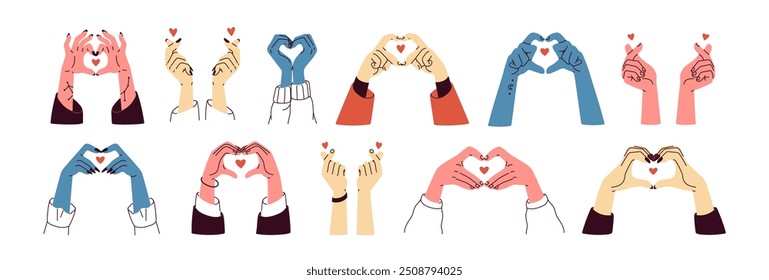 Heart-shaped gestures set, hands with love symbols, showing signs of care, support. Solidarity, charity, trust and appreciation concept. Flat graphic vector illustration isolated on white background