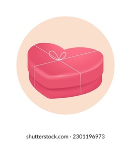 Ilustración vectorial 3d de la caja de regalo en forma de corazón. Presente romántico para el amante en círculo rosado en estilo de caricatura aislado en fondo blanco. Día de San Valentín, amor, concepto de aniversario
