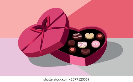 Heart-shaped gift box with assorted chocolates inside, perfect for Valentine's Day, love-themed celebrations, and special occasions.