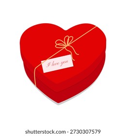 A heart-shaped gift box with a bow. The package is in the form of a red heart with a decorative ribbon and a note "I love you". Vector isolated element