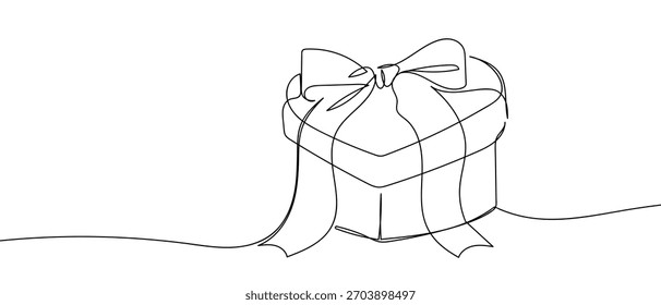 Caja de regalo en forma de corazón en una línea continua estilo lineal simple.