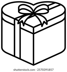 A heart-shaped gift box with a ribbon and bow, line art icon illustration. Perfect for Valentine's Day, gift-giving occasions, and romantic themes.