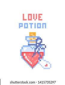 Heart-shaped glass love potion bottle with tag, 8 bit pixel art icon isolated on white background. Magic object. Witches' brew.