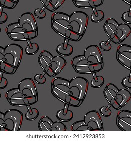 Heart-shaped glasses pattern, top view. Transparent glasses, date, relationship, recognition, love. Flat vector illustration of romantic glasses for Valentine's day. Heart, alcohol, packaging. Print