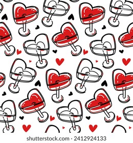 Patrón de gafas en forma de corazón, vista superior. Concepto de festival de vino de alcohol en gafas, fecha. Ilustración vectorial plana de un par de gafas para los amantes. Corazón, alcohol, envasado. Diseño de impresión