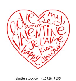 VALENTINE’S heart-shaped hand lettering word cloud 